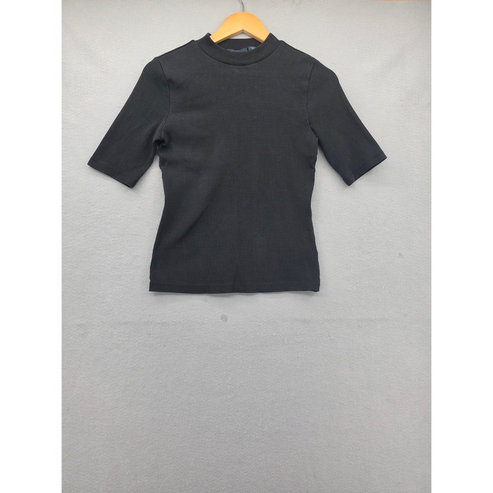 Anthropologie Maeve Black Ribbed Mock Neck Short Sleeve Top XS Minimalist Basic